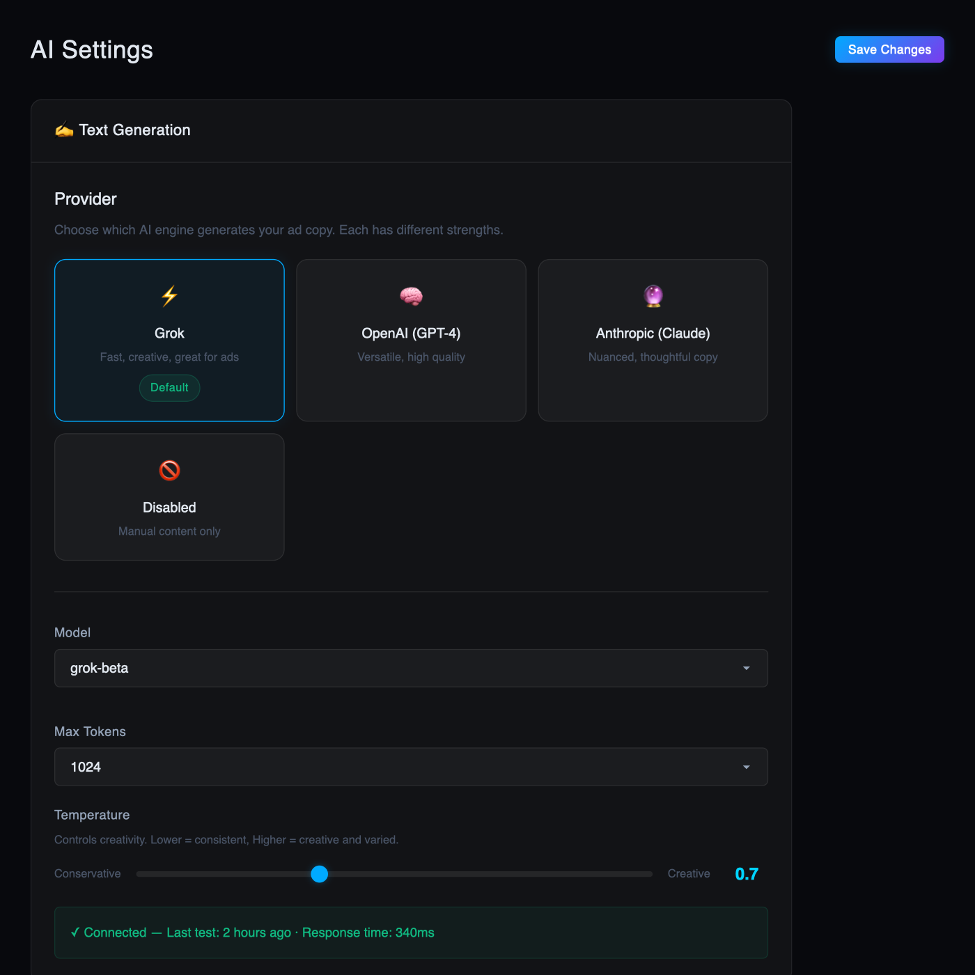 Per-campaign AI tuning screen with creativity and tone controls for ad copy generation