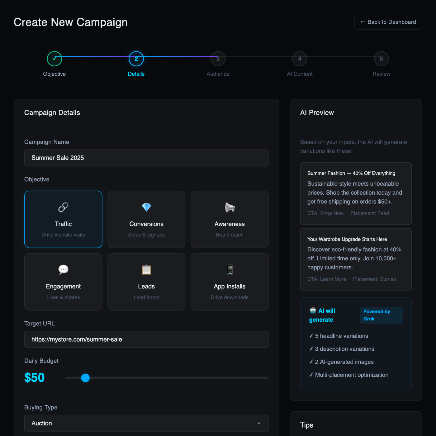 AI content generator producing ad headlines, descriptions, and image variations from a single product brief